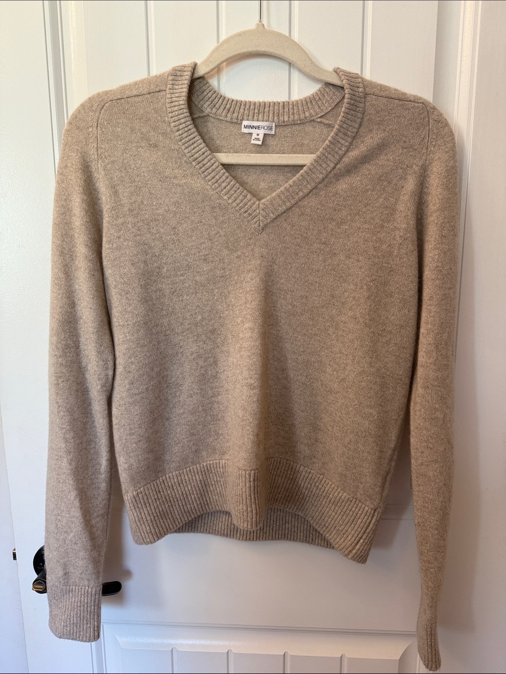 Minnie Rose V-Neck Sweater in Light Taupe